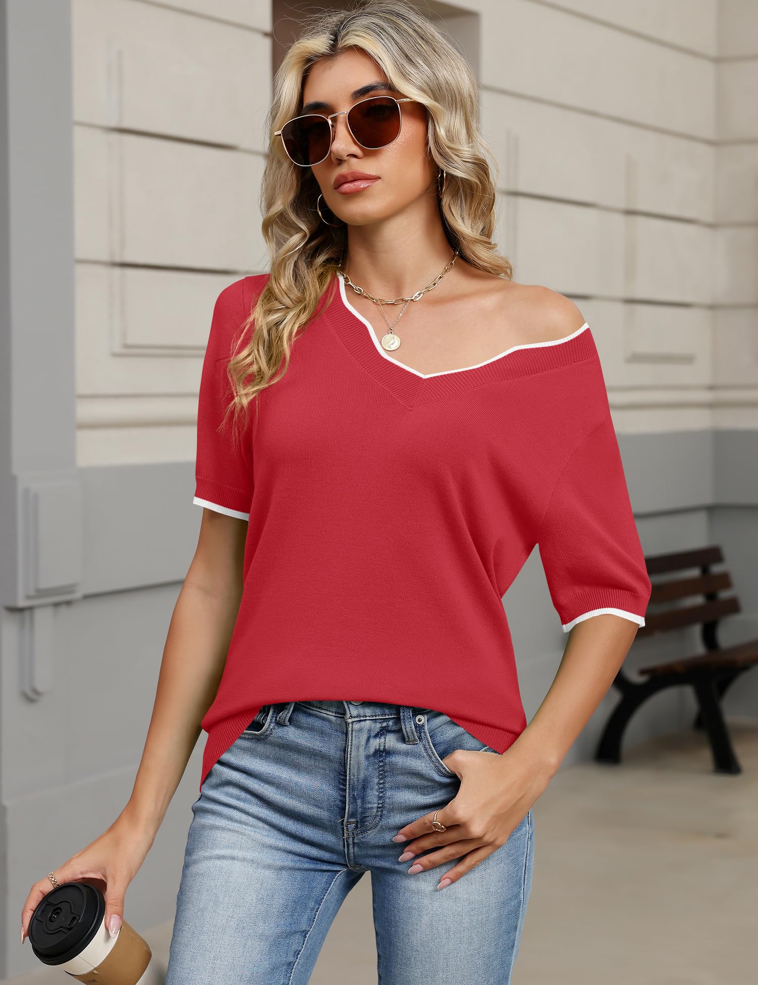 LOMON Womens 2026 Spring V Neck Sweater Casual Tops Short Sleeve Lightweight Ribbed Knit Pullover Sweaters