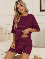 LOMON Two Piece Sets for Women Summer 3/4 Sleeve Tops and Elastic Waist Shorts Pajamas Cute Comfy Soft Lounge Striped Pjs