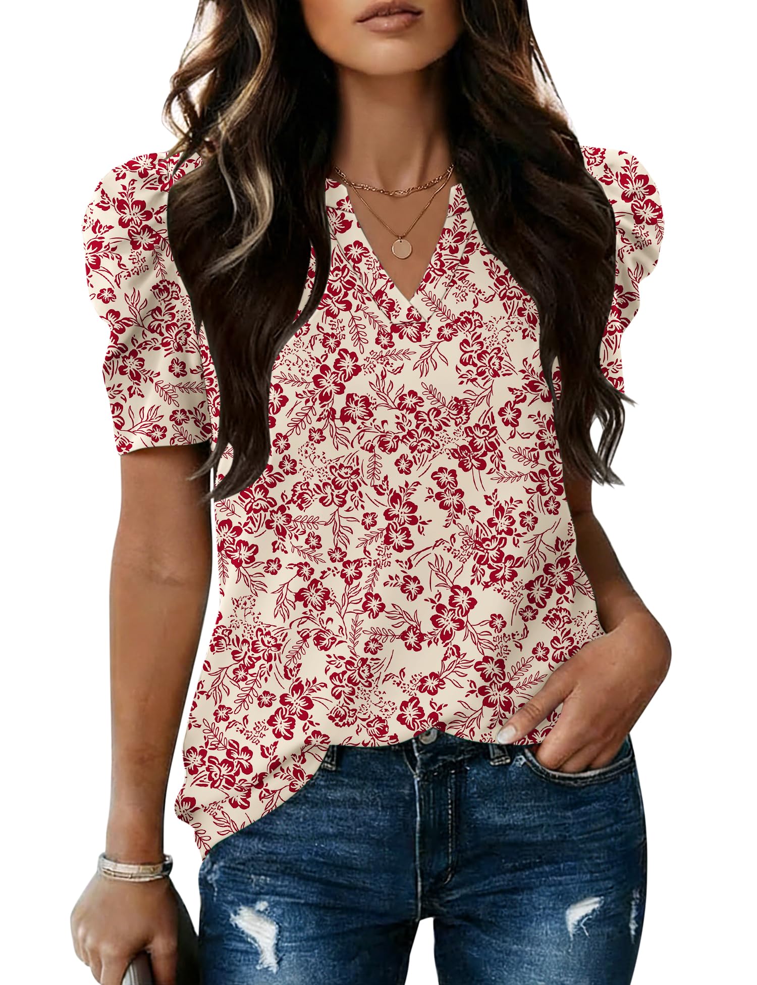 LOMON Spring Summer Tops for Women 2026 V Neck Puff Short Sleeve Tops Fashion Trendy Work Blouses Dressy Casual S-XXL