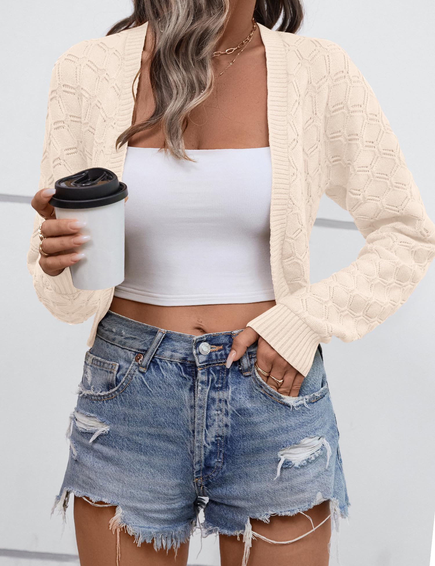 LOMON Womens Cropped Cardigan Bolero Shrugs for Dresses Knit Open Front Long Sleeve Sweater