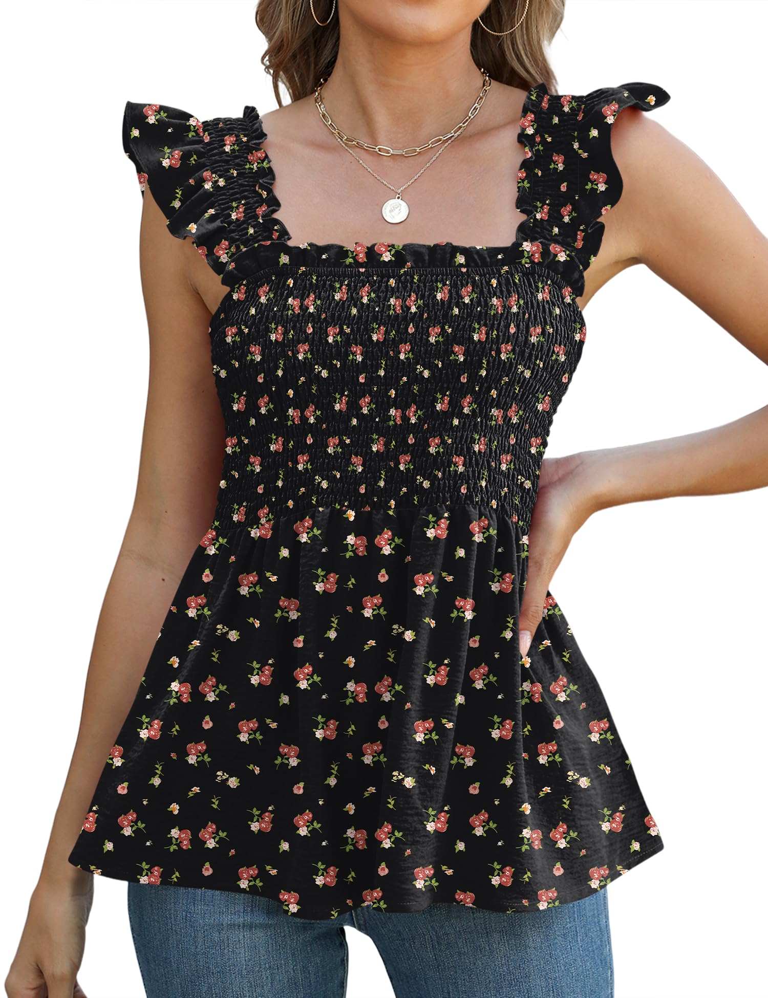 LOMON Womens Tank Tops Fashion Summer Ruffle Flying Sleeve Smocked Blouses Square Neck Sleeveless Shirts Babydoll Shirt