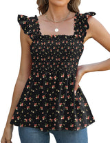 LOMON Womens Tank Tops Fashion Summer Ruffle Flying Sleeve Smocked Blouses Square Neck Sleeveless Shirts Babydoll Shirt