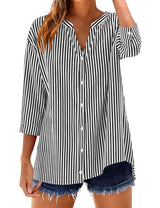 LOMON Cotton 3/4 Sleeve Button Down Shirts for Women Gingham Plaid Striped Tops V Neck Casual Loose Blouse