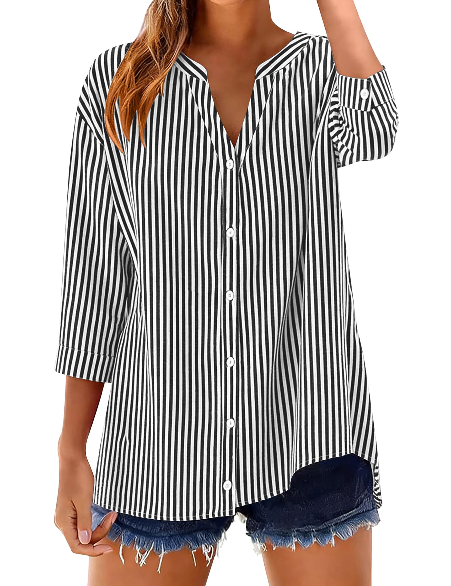 LOMON Cotton 3/4 Sleeve Button Down Shirts for Women Gingham Plaid Striped Tops V Neck Casual Loose Blouse