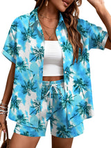 LOMON Women's 2 Piece Hawaiian Vacation Outfits Tropical Print Short Sleeve Shirts and Shorts Beach Sets Resort Wear