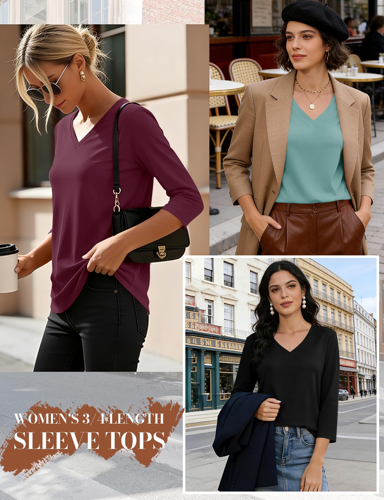 LOMON 3 Pack Tops for Women 3/4 Sleeve V Neck Basics Tees Business Casual Summer T Shirts