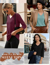 LOMON 3 Pack Tops for Women 3/4 Sleeve V Neck Basics Tees Business Casual Summer T Shirts