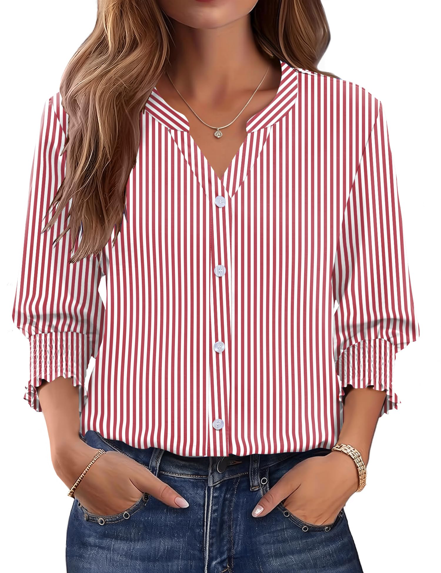 LOMON Button Down Shirts for Women 3/4 Length Sleeve Business Casual Blouses 2026 Summer Tops