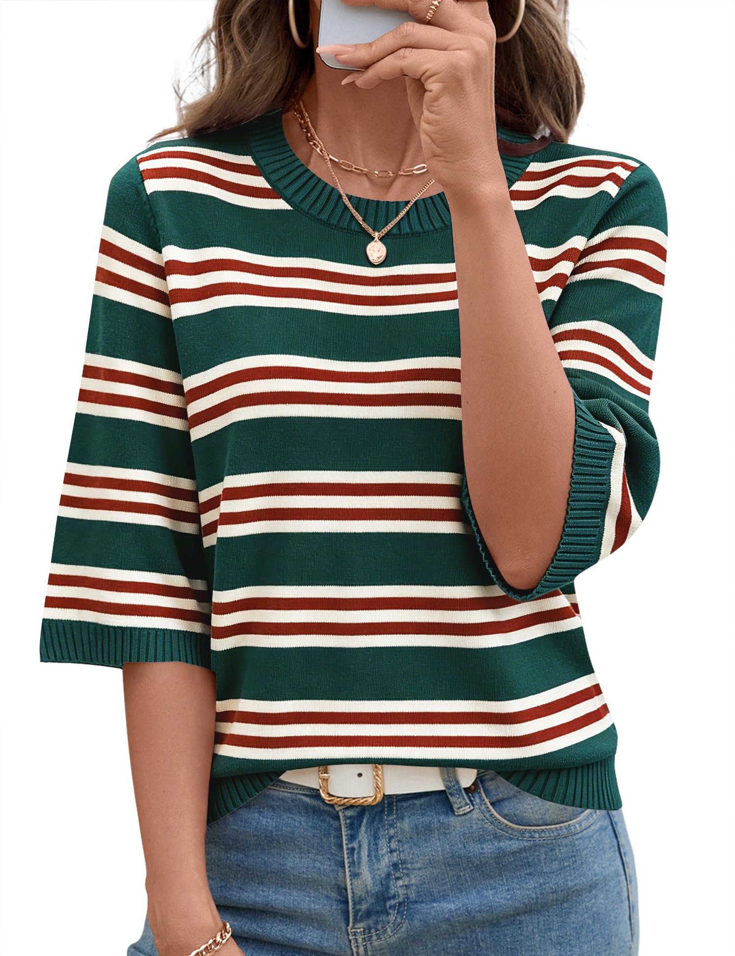 LOMON Womens Sweaters Casual Fall 2025 Crew Neck Striped 3/4 Sleeve Lightweight Knit Trendy Pullover Sweater Tops S-XL