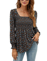 LOMON Blouses for Women Puff Long Sleeve Shirts Square Neck Casual Smocked Tunic Tops 2024 Spring Fall Winter Clothes S-XL