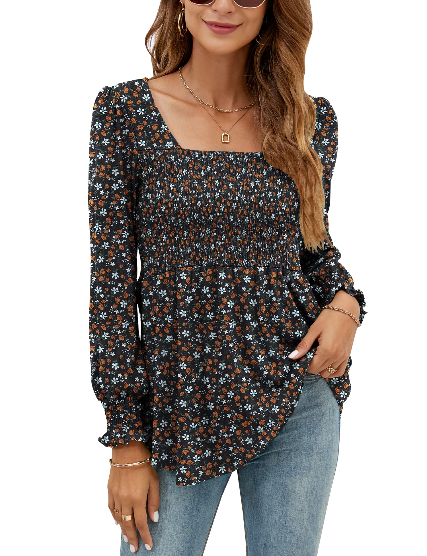 LOMON Blouses for Women Puff Long Sleeve Shirts Square Neck Casual Smocked Tunic Tops 2024 Spring Fall Winter Clothes S-XL