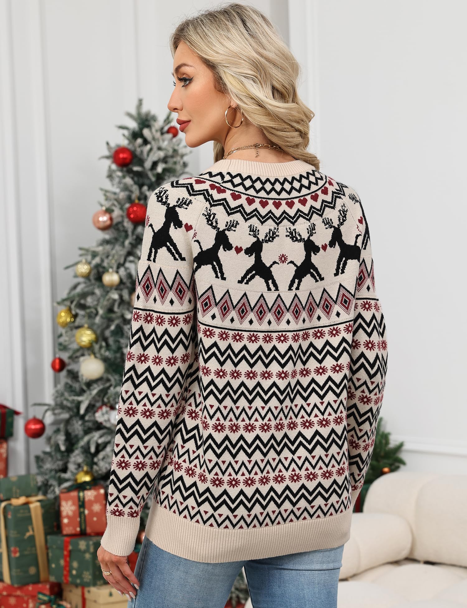 LOMON Womens Casual Lightweight Vintage Fair Isle Sweater Raglan Sleeve Crew Neck Knitted Pullover Comfy Warm Fall Tops