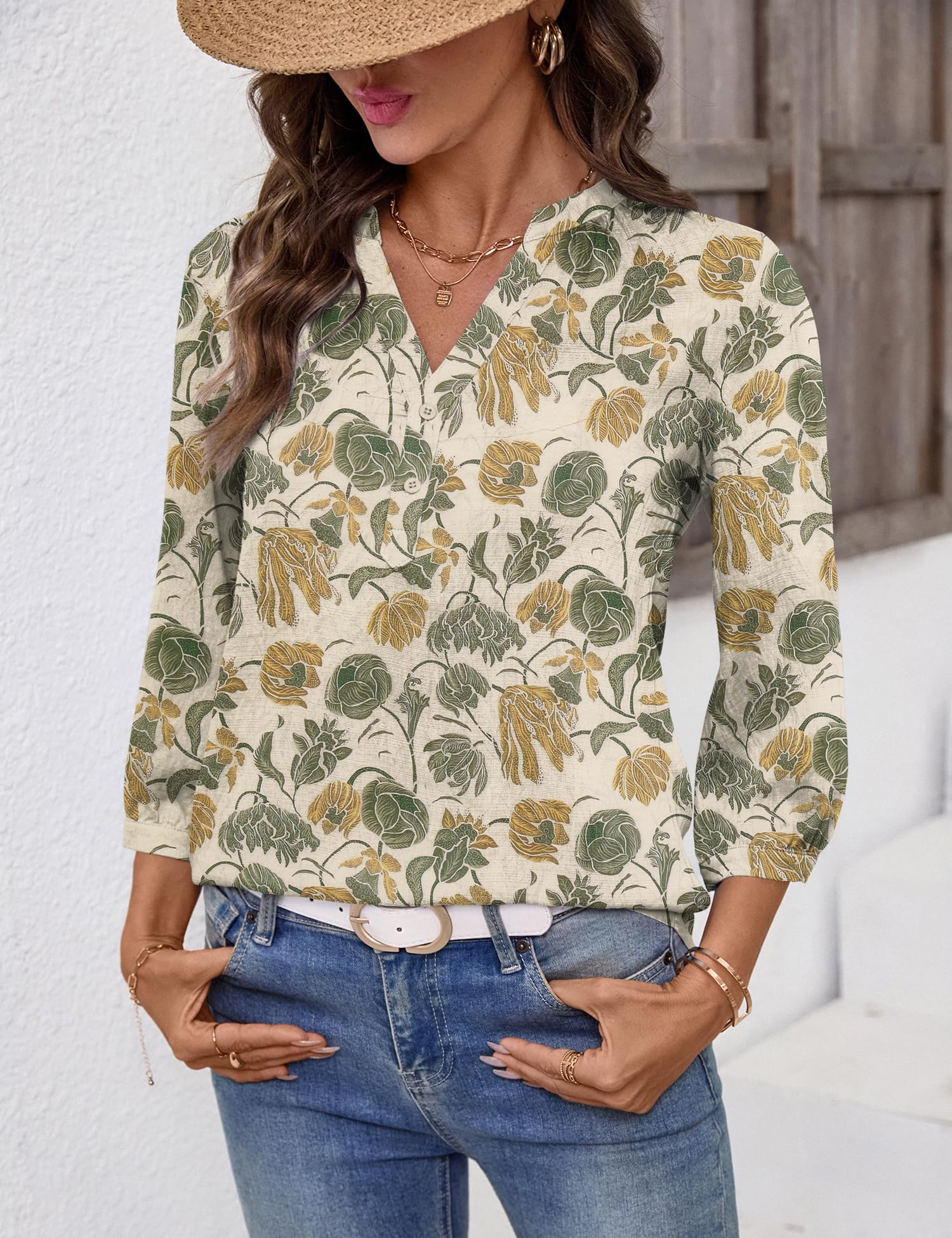 LOMON Womens Tops Dressy Summer 3/4 Length Sleeve Henley V Neck Button Down Shirts Pleated Blouses S-XXL
