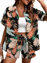 LOMON Women's 2 Piece Hawaiian Vacation Outfits Tropical Print Short Sleeve Shirts and Shorts Beach Sets Resort Wear