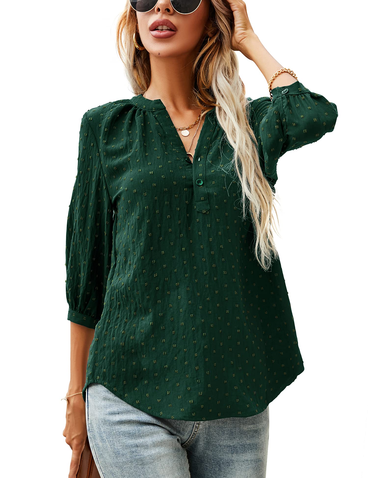 LOMON Women's Casual 3/4 Sleeve Henley V-Neck Button Up Pleated Back Blouses Swiss Dot Blouse Tops T-Shirts S-XXL