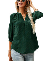 LOMON Women's Casual 3/4 Sleeve Henley V-Neck Button Up Pleated Back Blouses Swiss Dot Blouse Tops T-Shirts S-XXL