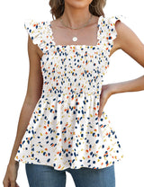 LOMON Womens Tank Tops Fashion Summer Ruffle Flying Sleeve Smocked Blouses Square Neck Sleeveless Shirts Babydoll Shirt
