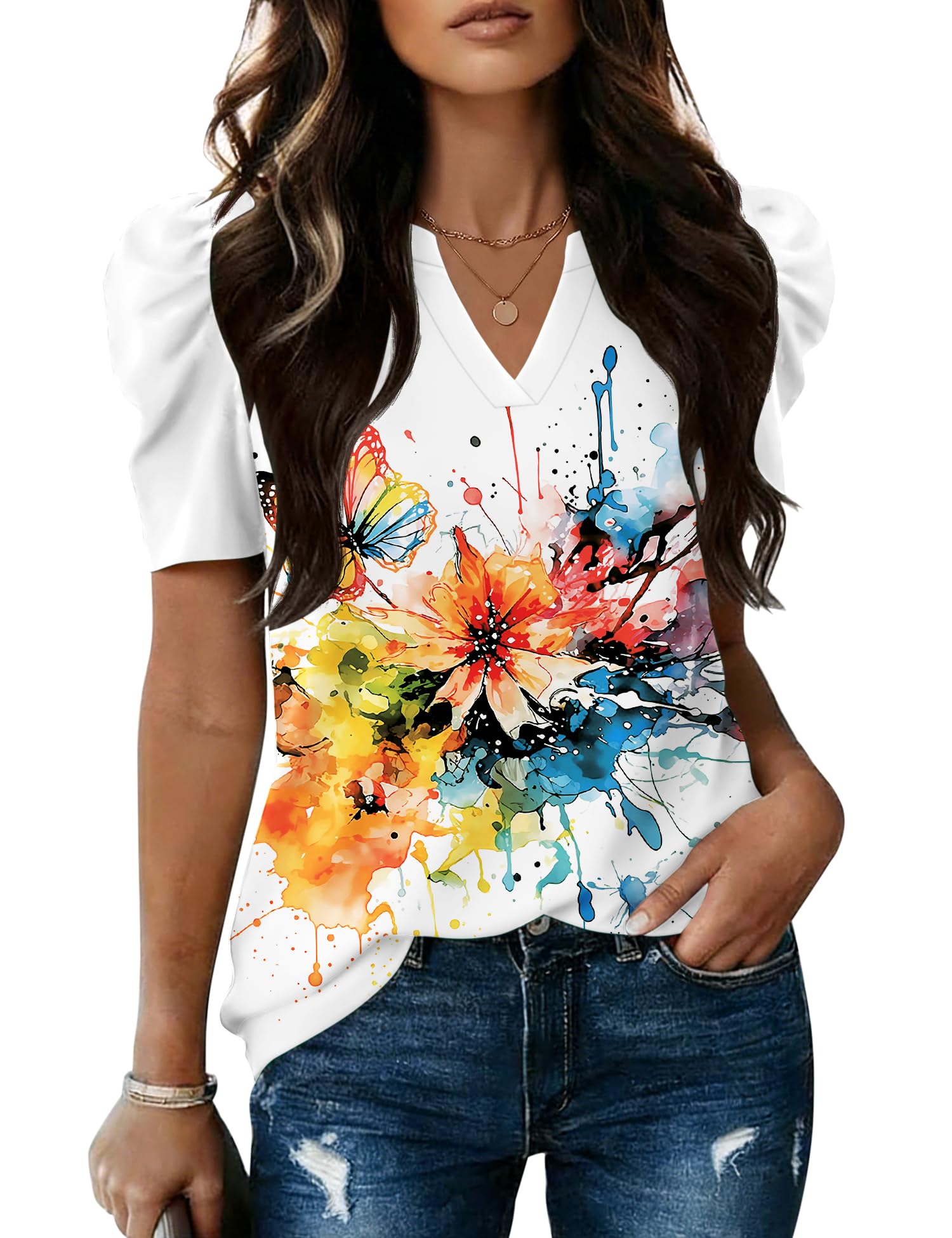 LOMON Spring Summer Tops for Women 2026 V Neck Puff Short Sleeve Tops Fashion Trendy Work Blouses Dressy Casual S-XXL