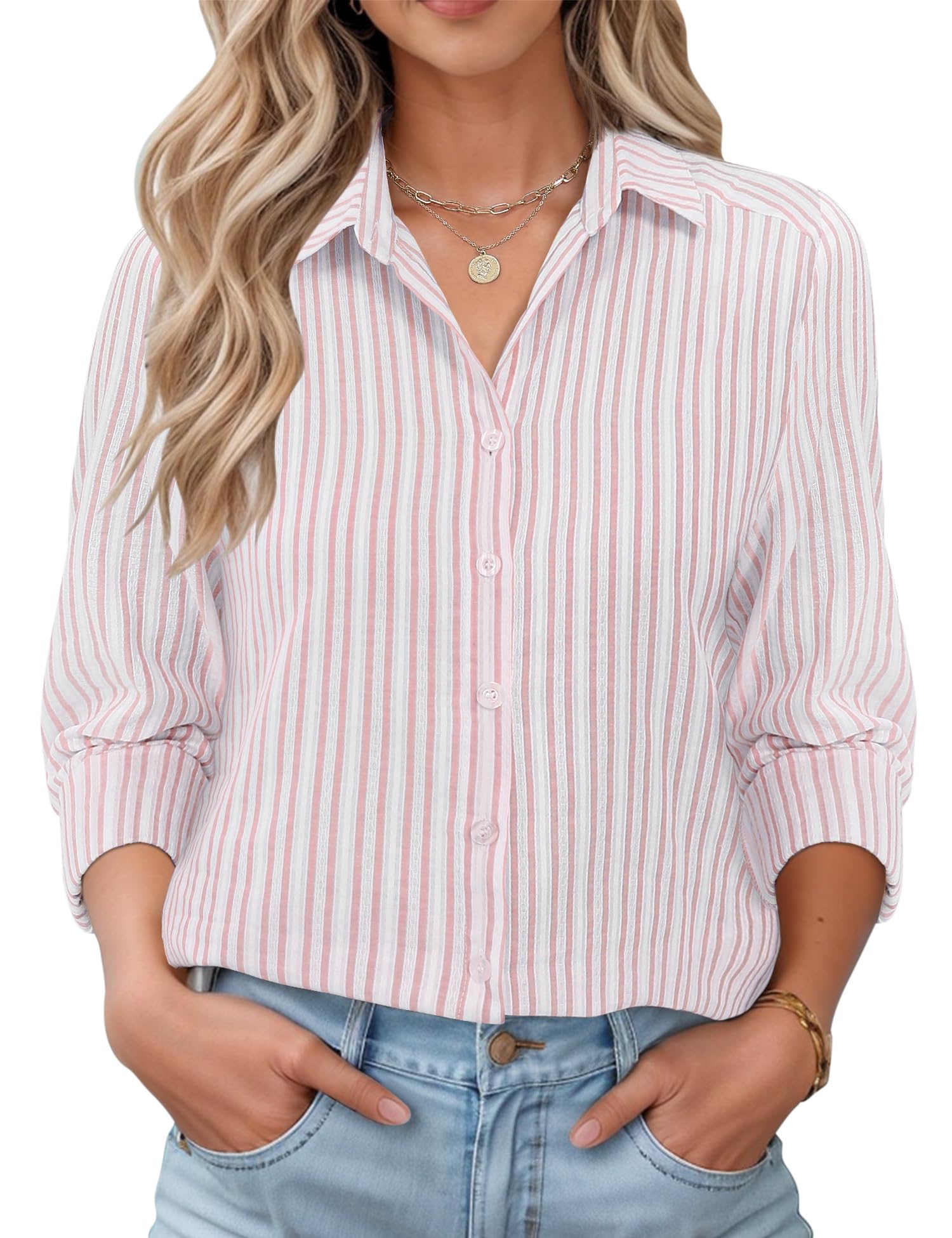 LOMON Womens Long Sleeve Button Down Shirts Casual Loose Fit Cotton Collared Blouses