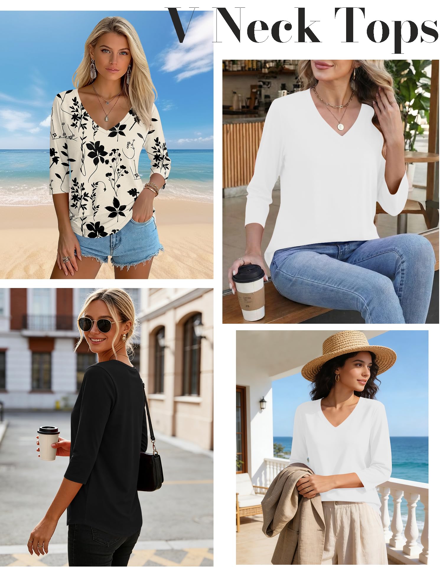 LOMON 3 Pack Tops for Women 3/4 Sleeve V Neck Basics Tees Business Casual Summer T Shirts