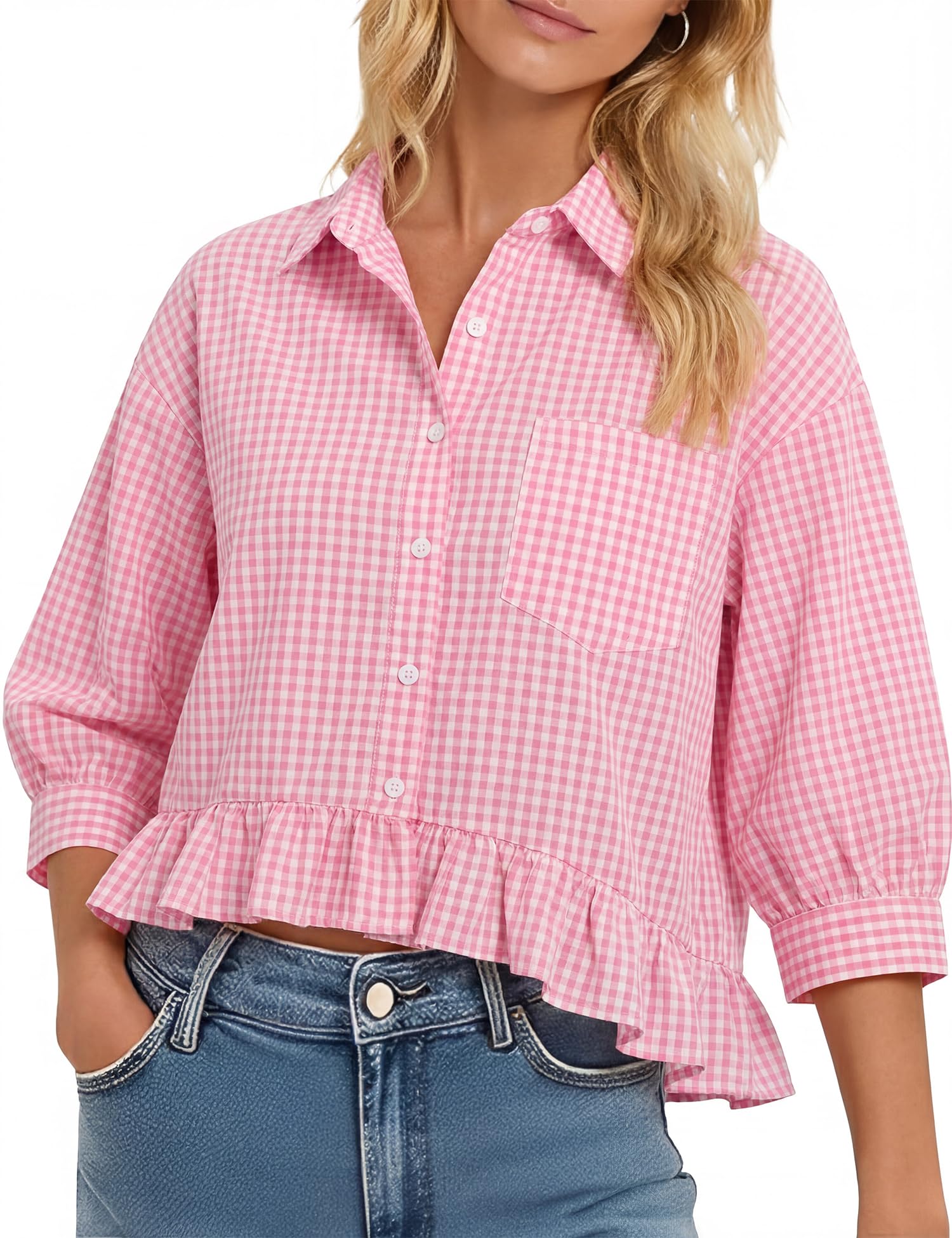 LOMON Womens 3/4 Sleeve Button Down Tops Dressy Casual Collared Shirts Blouses Ruffle Babydoll Tops Loose Fit