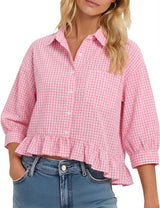 LOMON Womens 3/4 Sleeve Button Down Tops Dressy Casual Collared Shirts Blouses Ruffle Babydoll Tops Loose Fit