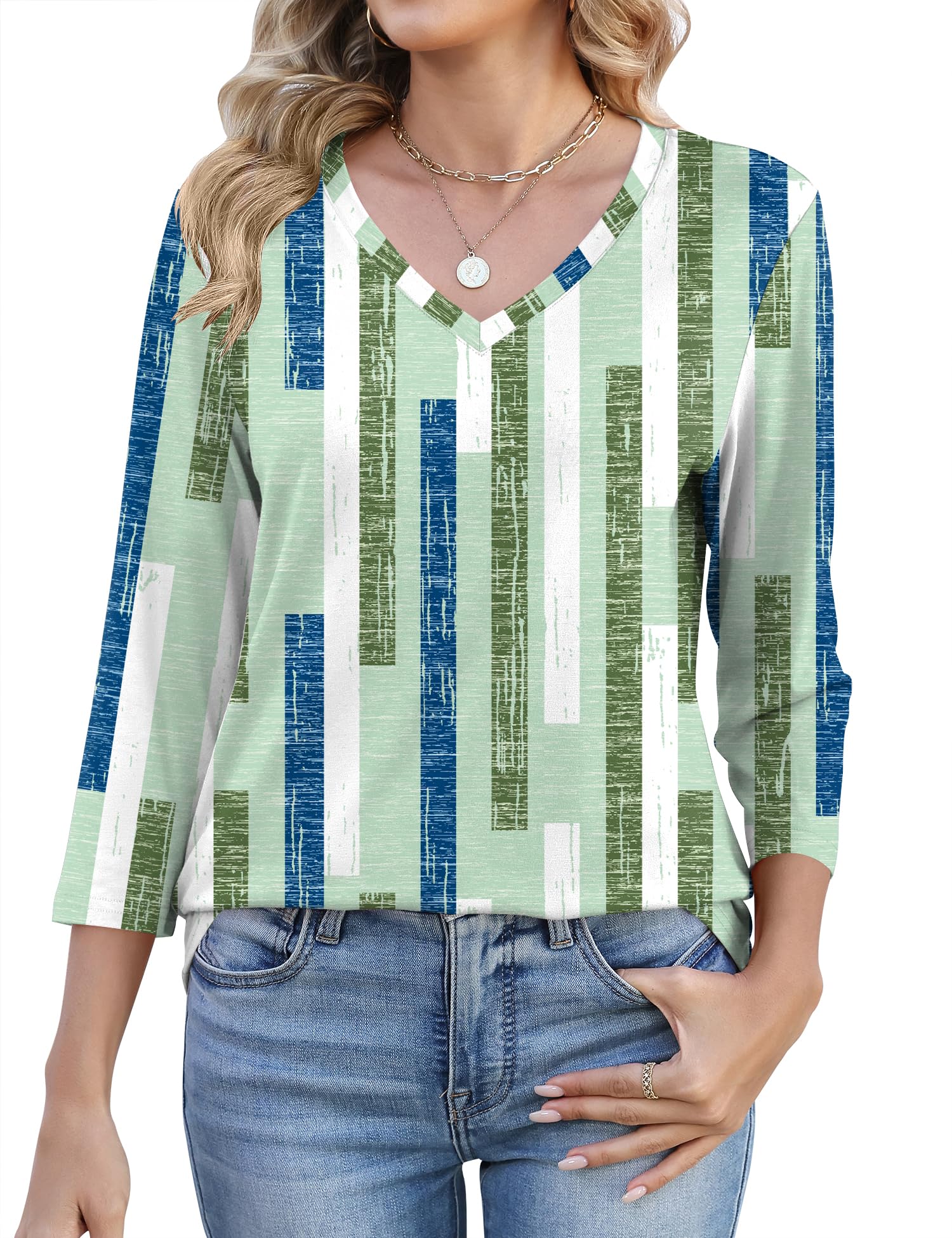 Lomon Women's V Neck T Shirts 3/4 Sleeve Blouse Summer Tops Dressy Casual Basic Tees