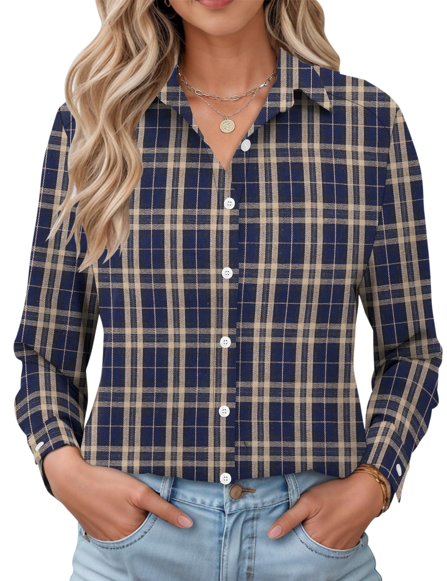 LOMON Womens Long Sleeve Button Down Shirts Casual Loose Fit Cotton Collared Blouses