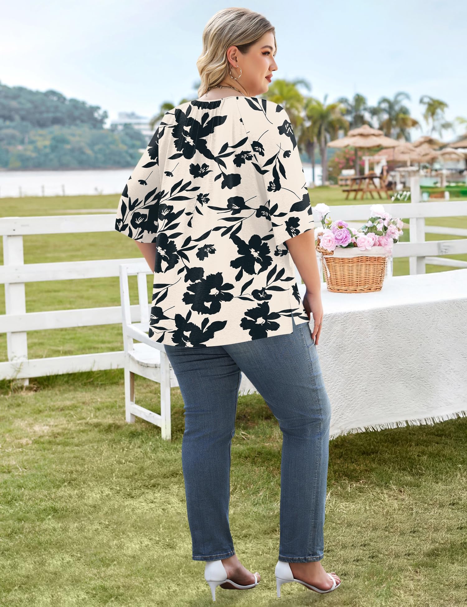 LOMON Womens Plus Size Tops Summer 3/4 Length Sleeve Crewneck Blouses Dressy Casual Loose Curvy Flowy Tunic Shirts 1X-5X