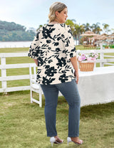 LOMON Womens Plus Size Tops Summer 3/4 Length Sleeve Crewneck Blouses Dressy Casual Loose Curvy Flowy Tunic Shirts 1X-5X