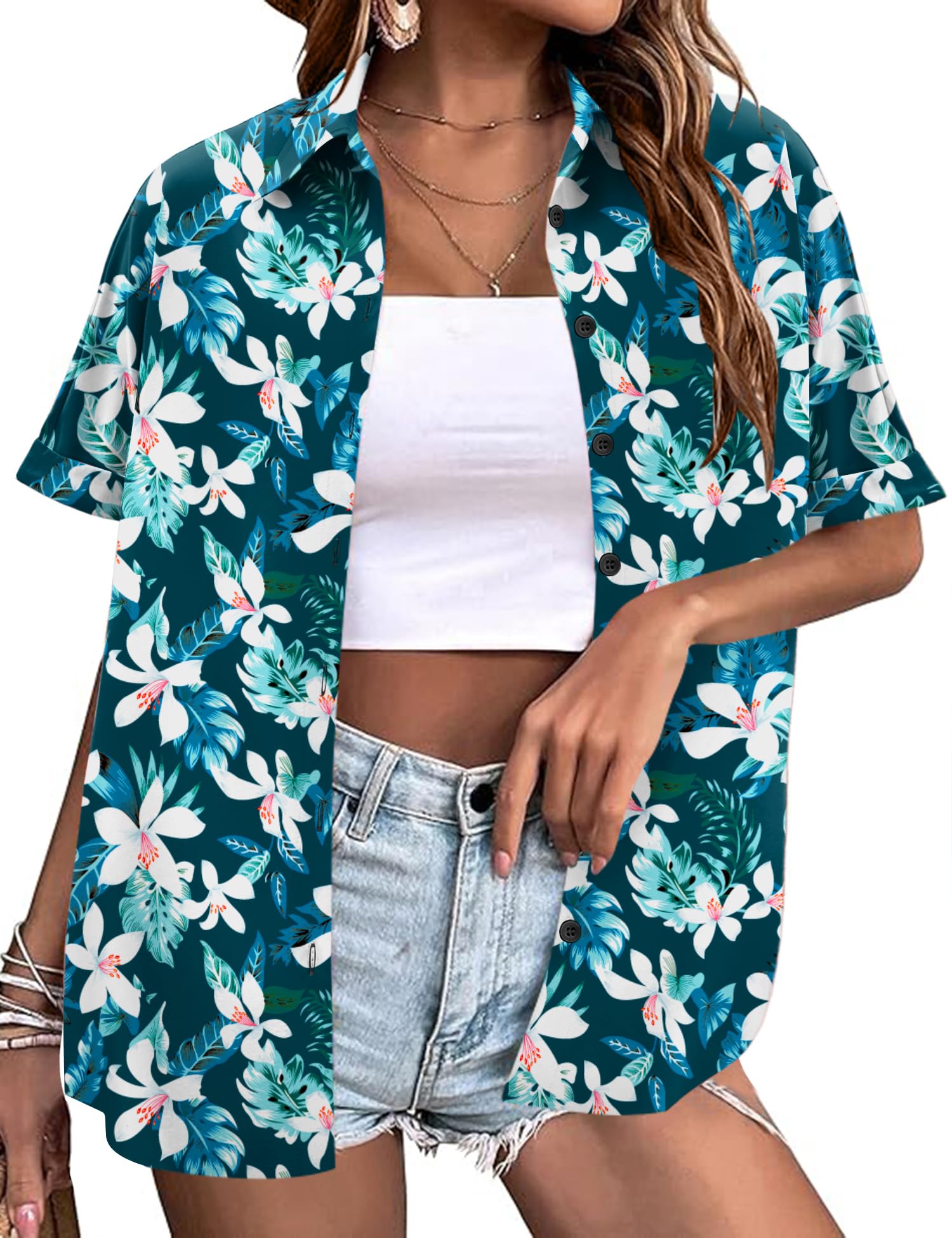 LOMON Women's Summer Hawaiian Shirts Floral Short Sleeve Button Down Shirts Hawaii Tropical Beach Tops Outfits