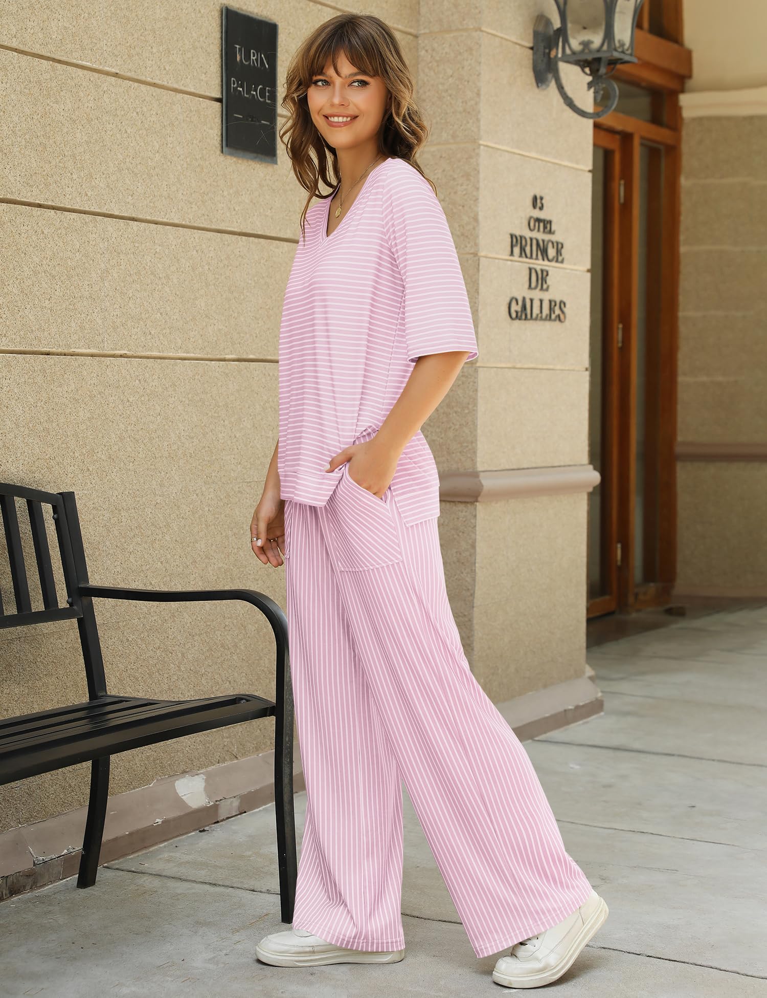 LOMON Women's 2 Piece Lounge Pajama Sets Soft 3/4 Sleeve Tops and Wide Leg Pants Loose Casual Outfits with Pockets