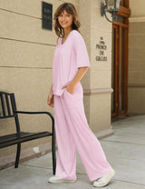 LOMON Women's 2 Piece Lounge Pajama Sets Soft 3/4 Sleeve Tops and Wide Leg Pants Loose Casual Outfits with Pockets