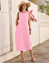 LOMON Summer Dresses for Women Cotton Casual Maxi Dress Beach Vacation Long Sundresses Plaid Striped with Pockets
