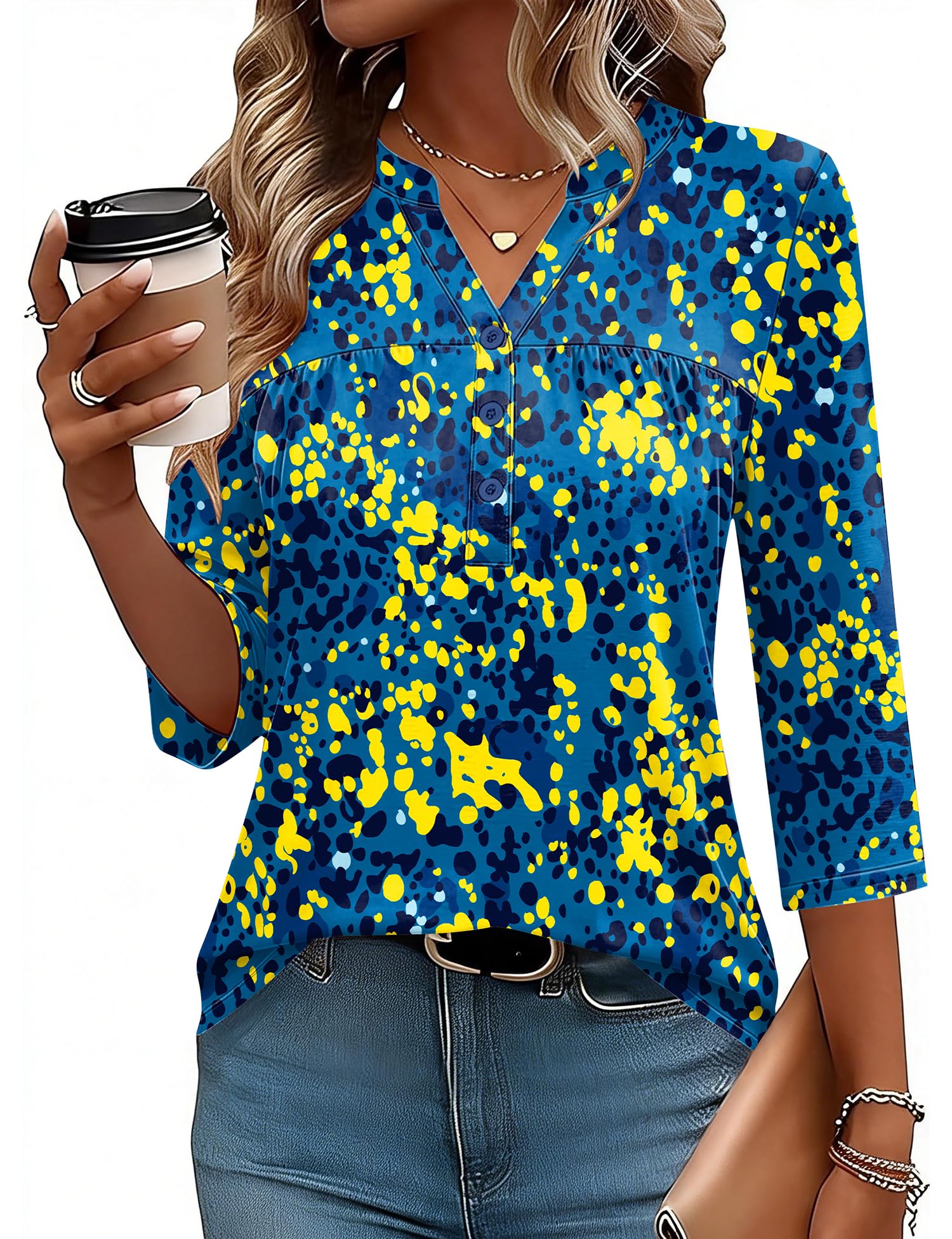 LOMON Womens Tops 3/4 Sleeve Botton Down Shirts Casual V Neck Tunic Blouses Pleated Fashion Summer Tees 2026 Trendy S-3XL