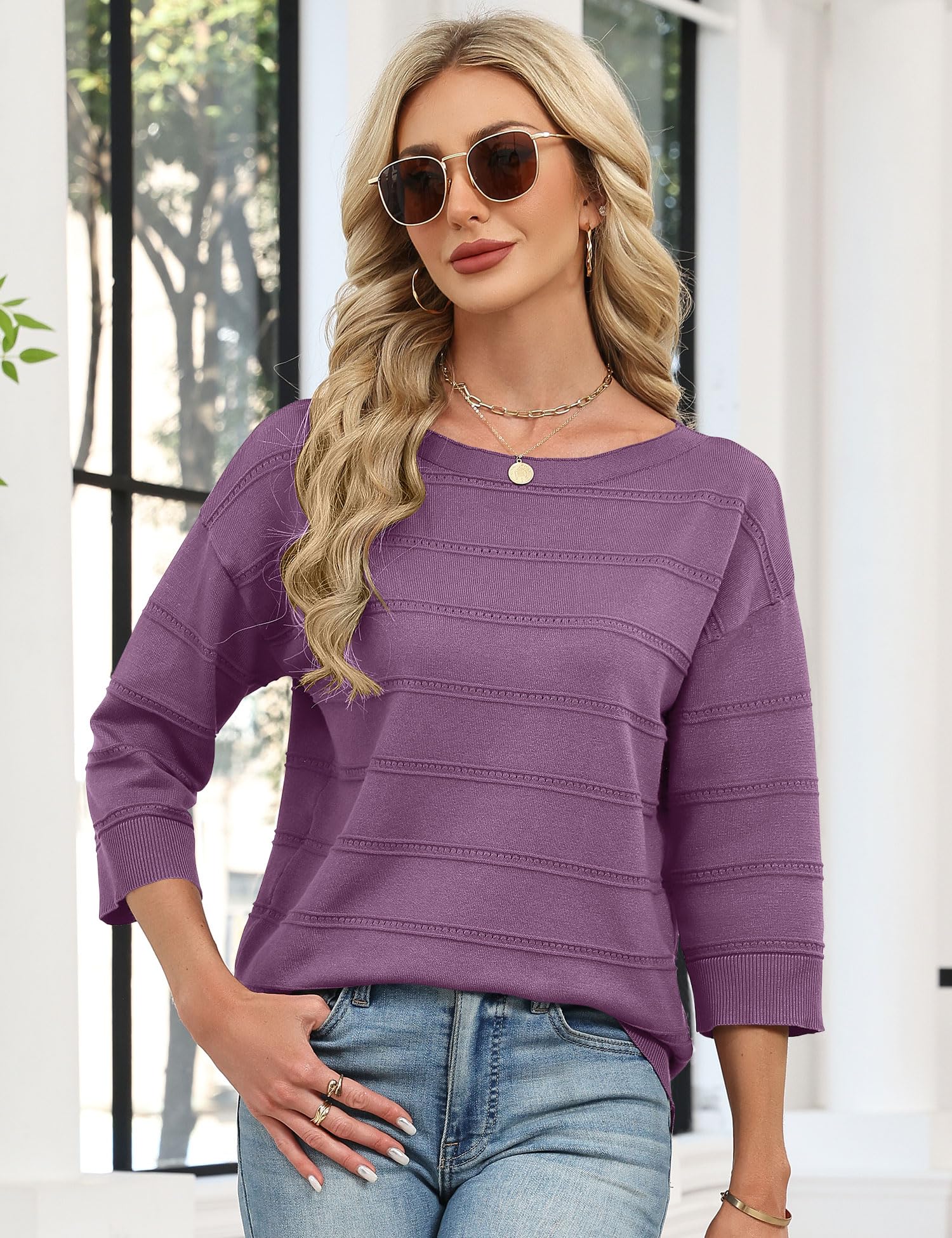 LOMON Womens Sweaters Casual Boat Neck 3/4 Sleeve Lightweight Knit Trendy Pullover Sweater Summer Tops S-XL