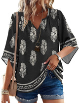 LOMON Women's 3/4 Length Sleeve Boho Tops V Neck Casual Vacation Clothes Loose Fit Tunic Shirts S-3XL