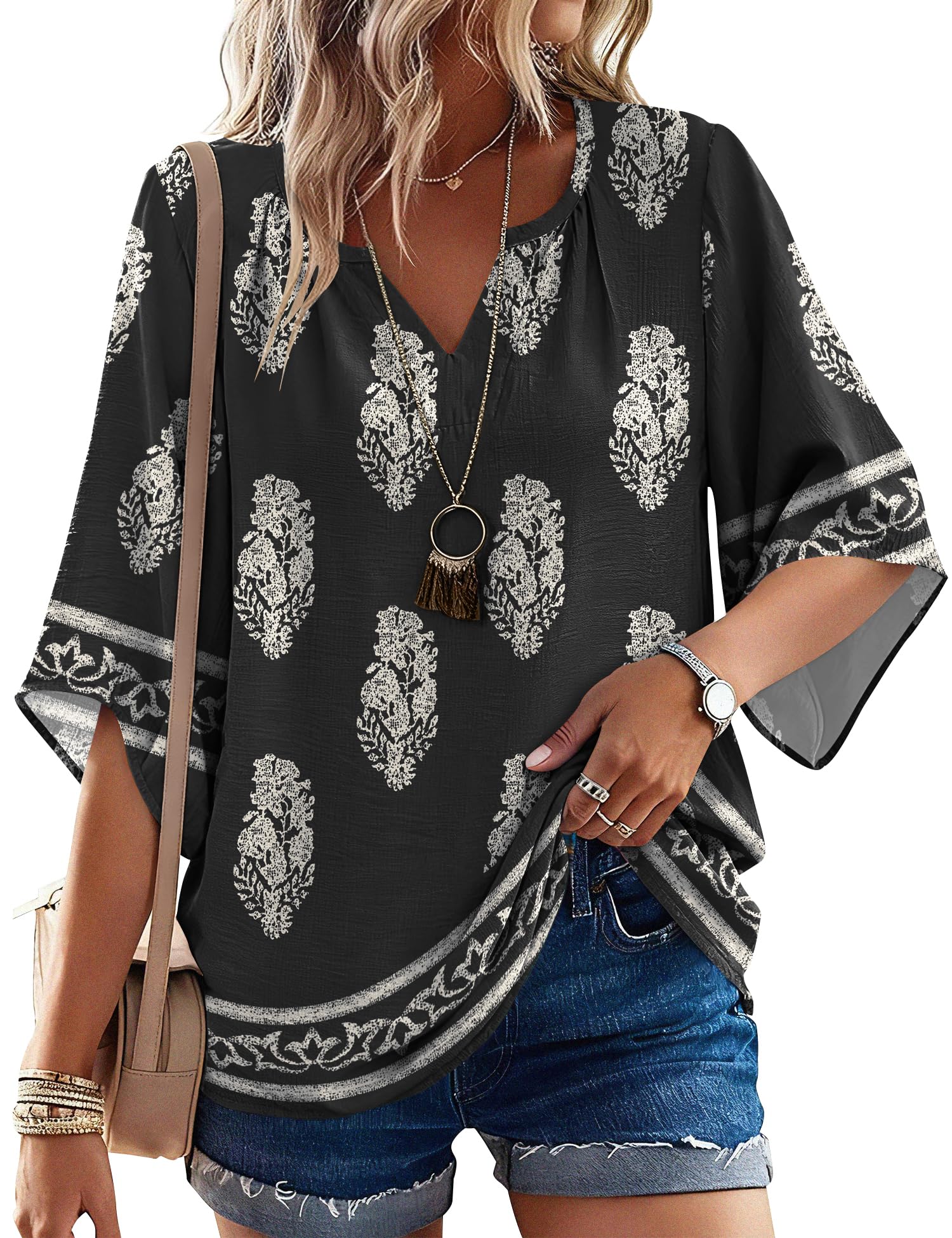 LOMON Women's 3/4 Length Sleeve Boho Tops V Neck Casual Vacation Clothes Loose Fit Tunic Shirts S-3XL