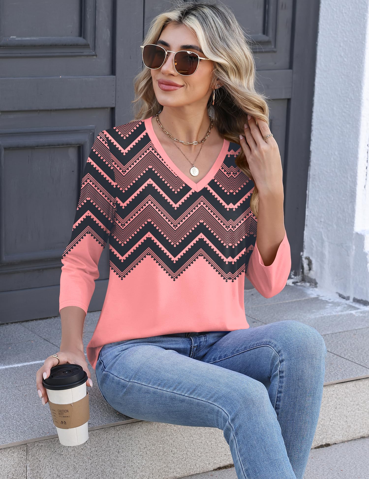 Lomon Women's V Neck T Shirts 3/4 Sleeve Blouse Summer Tops Dressy Casual Basic Tees