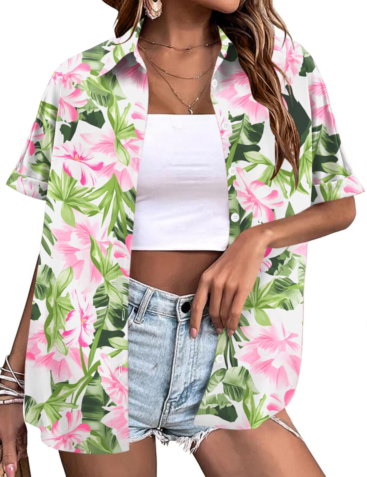 LOMON Women's Summer Hawaiian Shirts Floral Short Sleeve Button Down Shirts Hawaii Tropical Beach Tops Outfits