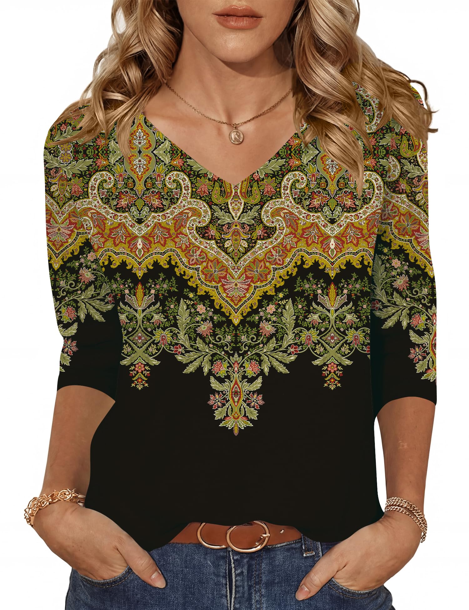 Lomon Women's V Neck T Shirts 3/4 Sleeve Blouse Summer Tops Dressy Casual Basic Tees
