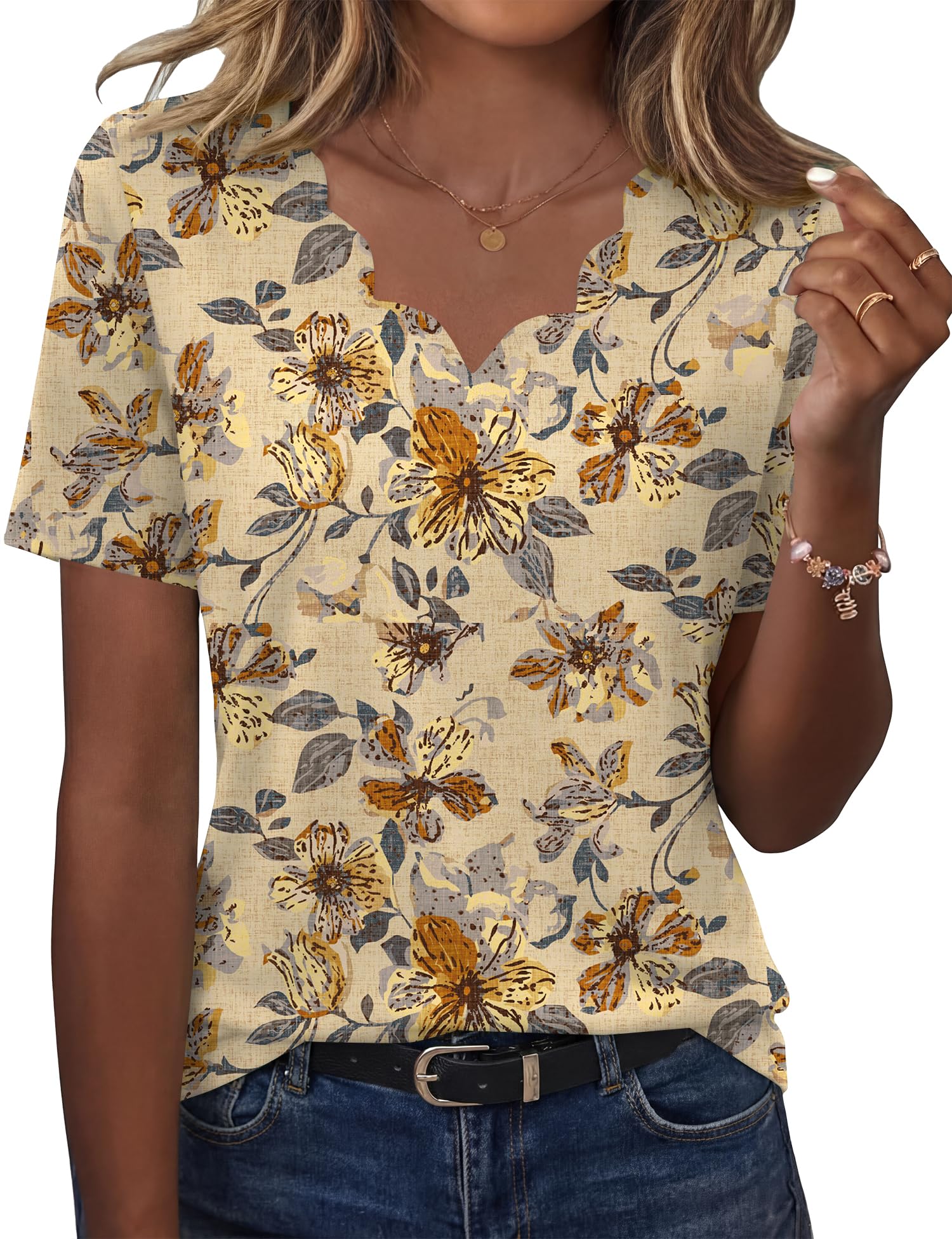 LOMON Womens Summer Tops V Neck Short Sleeve Shirts Dressy Casual Tunic Blouses Spring Fashion