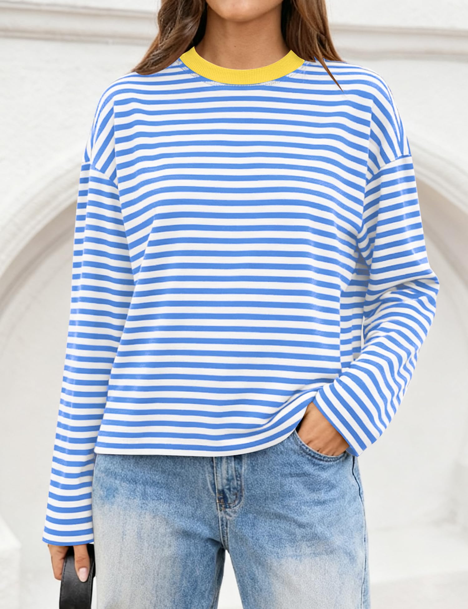 LOMON Striped Long Sleeve Shirt Women Y2k Oversized Crewneck Fall Spring Drop Shoulder Vintage Tops Teen Girl Clothes