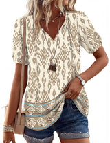LOMON Boho Tops for Women Summer V-Neck Tie Front Peasant Blouses Casual Puff Sleeve Loose-Fit Flowy Shirts Beach Vacation