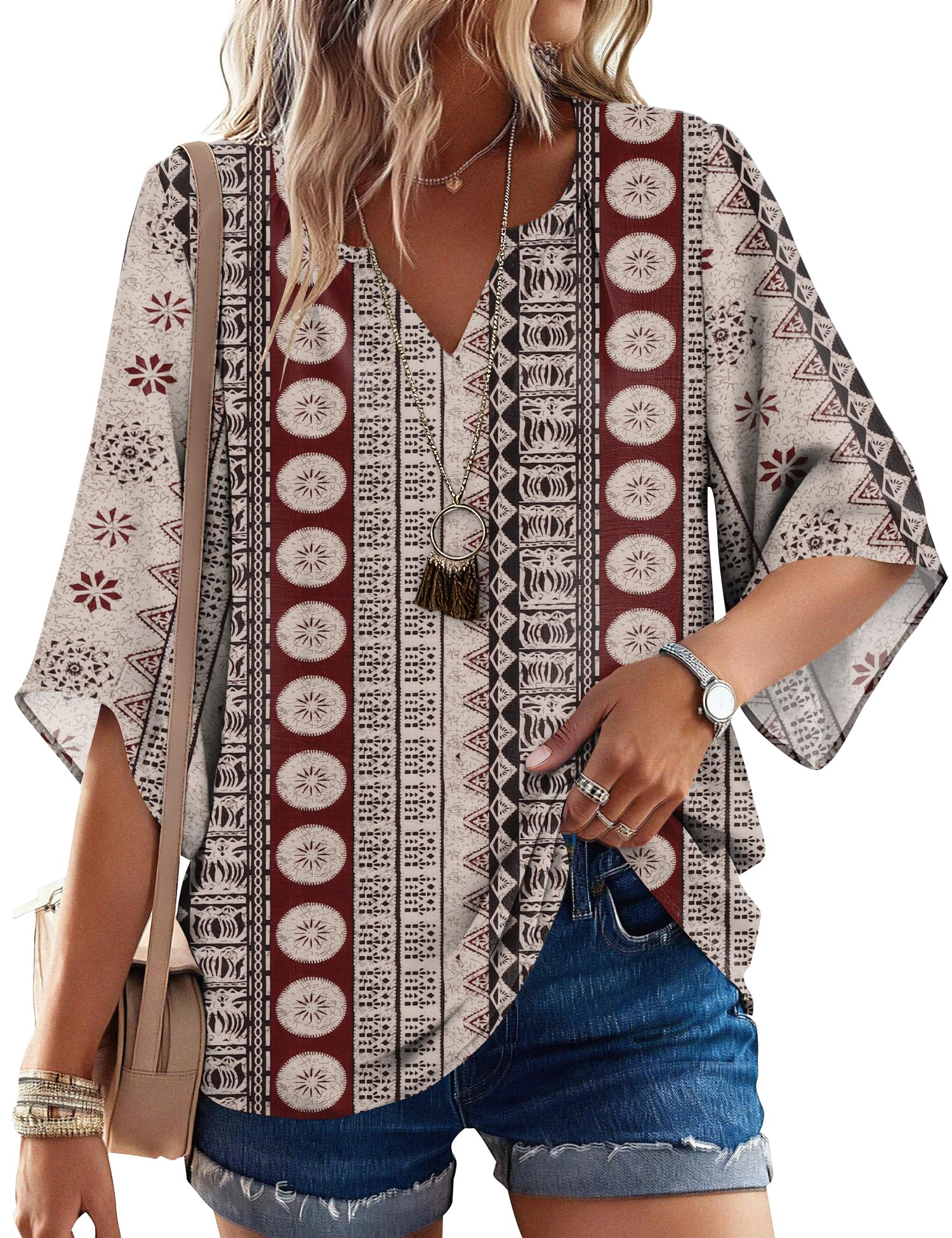 LOMON Women's 3/4 Length Sleeve Boho Tops V Neck Casual Vacation Clothes Loose Fit Tunic Shirts S-3XL