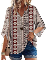 LOMON Women's 3/4 Length Sleeve Boho Tops V Neck Casual Vacation Clothes Loose Fit Tunic Shirts S-3XL
