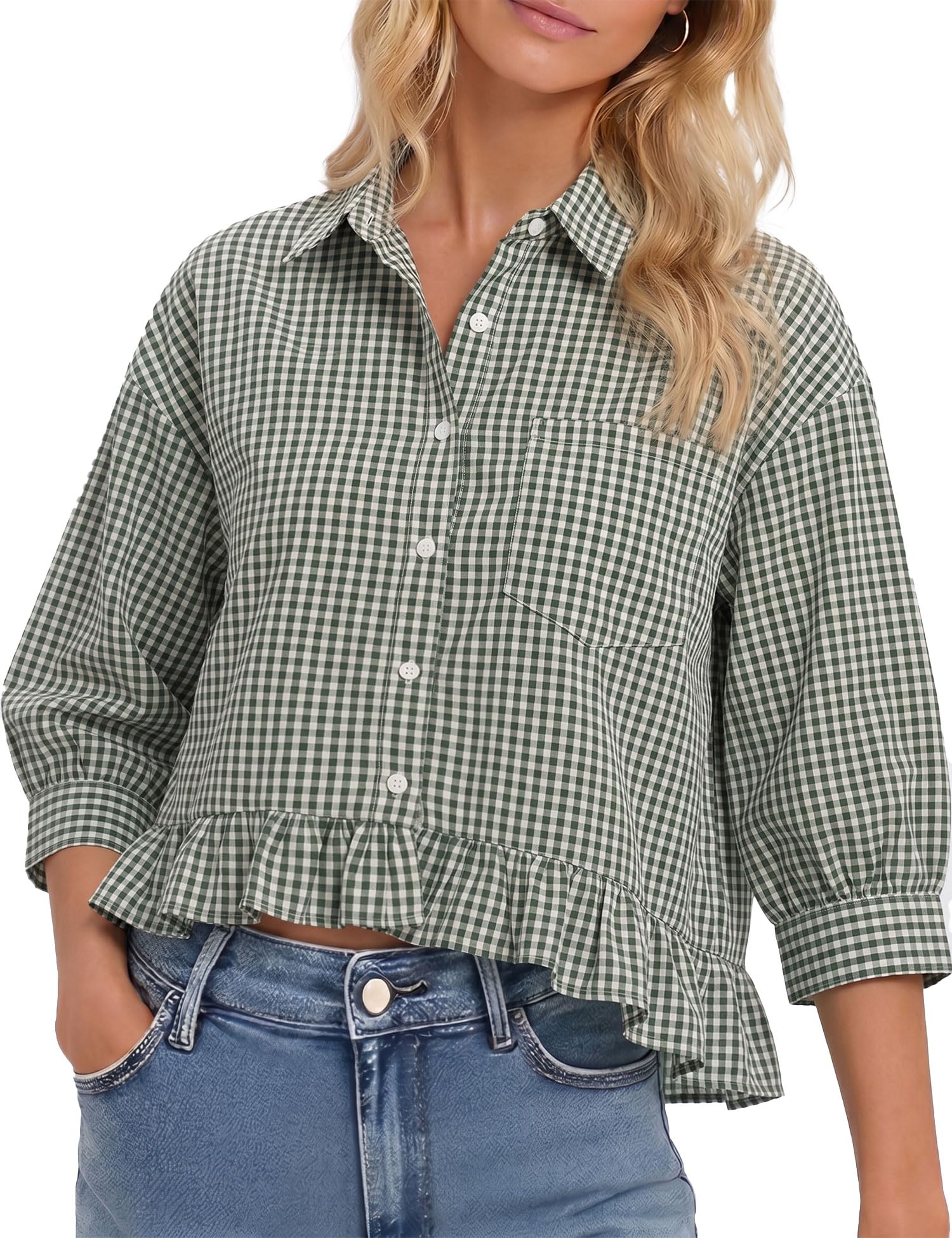 LOMON Womens 3/4 Sleeve Button Down Tops Dressy Casual Collared Shirts Blouses Ruffle Babydoll Tops Loose Fit