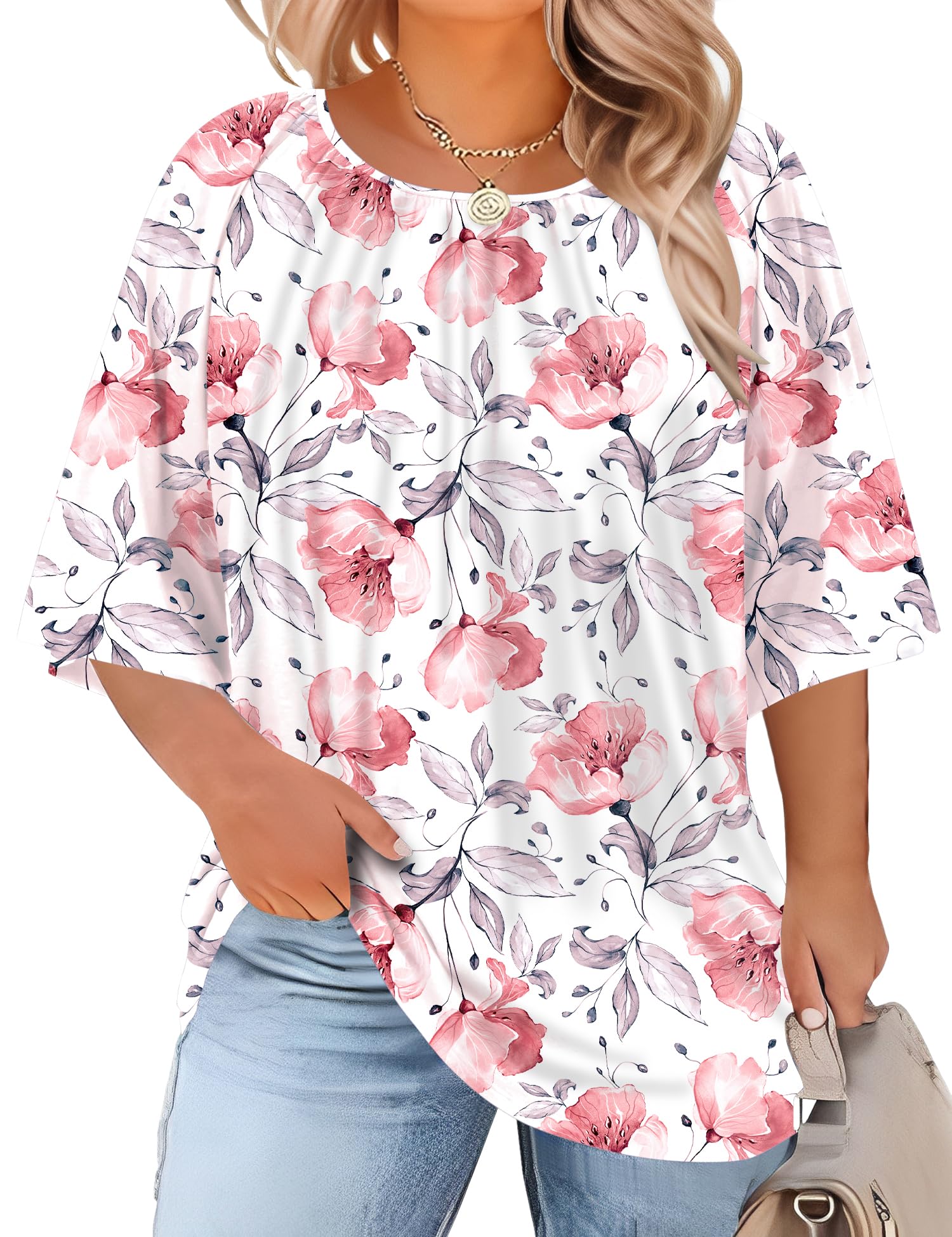 LOMON Womens Plus Size Tops Summer 3/4 Length Sleeve Crewneck Blouses Dressy Casual Loose Curvy Flowy Tunic Shirts 1X-5X
