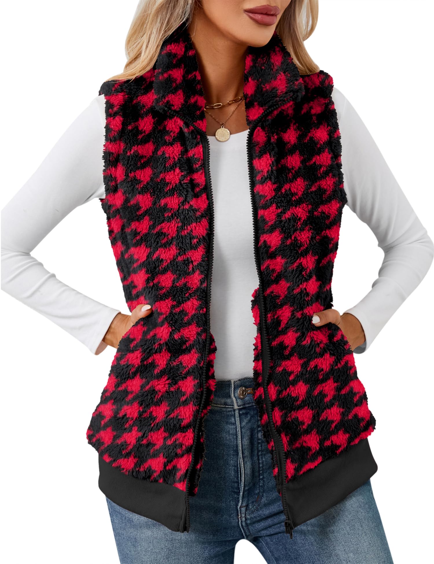 LOMON Womens Fuzzy Fleece Vest, Casual Warm Sleeveless Zip Up Sherpa Vest Jacket with Pockets for Fall/Winter