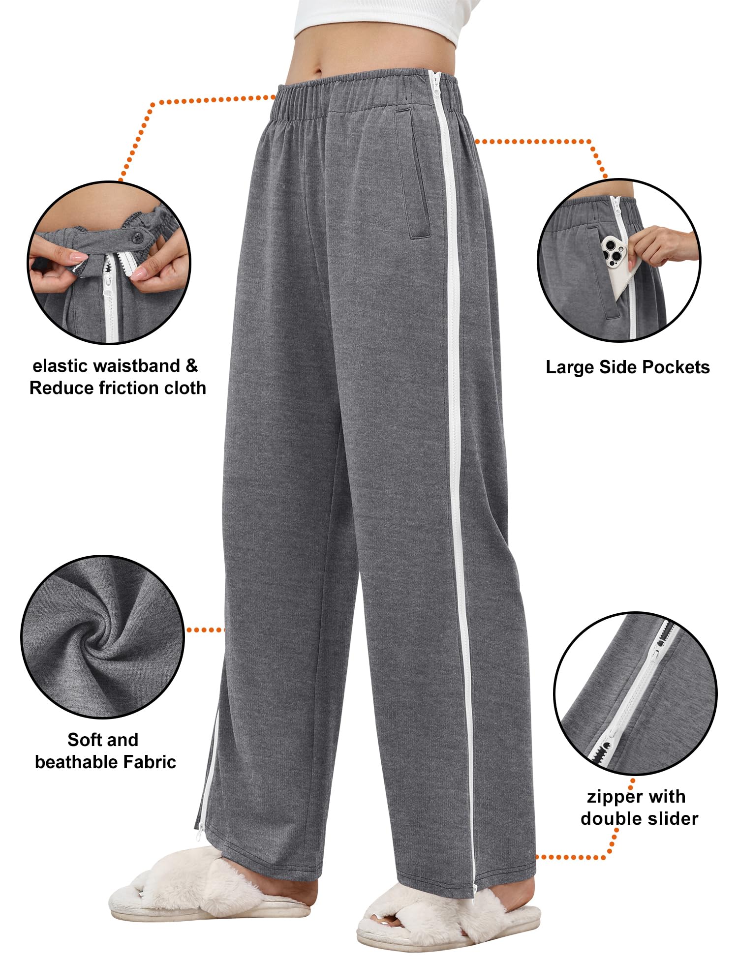 LOMON Womens Tear Away Pants Sides Full Open Sweatpants Double Slider Zip Off Post Surgery Pant with Pockets